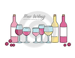 Vector concept of wine tasting for bar or restaurant. Different types of glasses and bottles of wine.