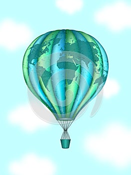 Vector conceptual art of hot air balloon with world map. Concept of travel around the world