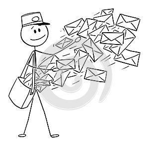 Vector Conceptual Cartoon of Postman Sending Mail or Post Envelopes