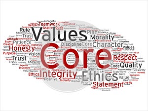 Vector conceptual core values integrity ethics abstract concept word cloud isolated background.