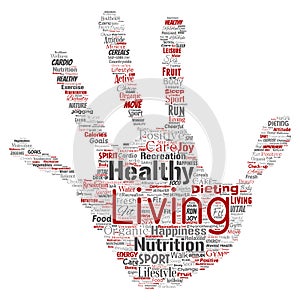 Vector conceptual healthy living positive nutrition sport hand print stamp word cloud isolated background. Collage of happiness