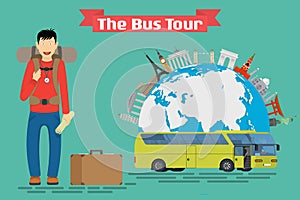 Vector conceptual illustration - Tourist goes to The Bus Tour of Europe and popular familiar landmarks.