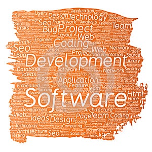 Vector conceptual software development project coding technology paint brush word cloud isolated background. Collage of applicatio
