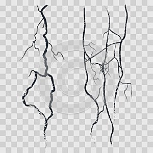 Vector concrete wall cracks on transparent checkered background.