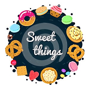 Vector confections and sweets background and card with pastries, candies, pretzels and muffin