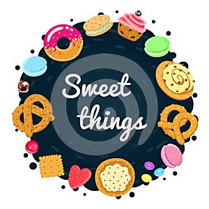 Vector confections and sweets background and card with pastries, candies, pretzels and muffin photo