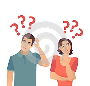 Vector of a confused couple woman and man thinking having  many questions