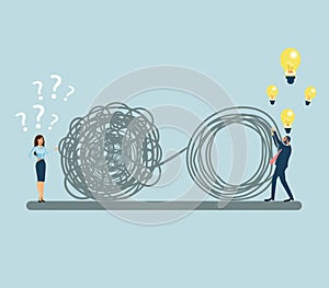Vector of a confused woman with many questions and a man solving her problems offering solution ideas