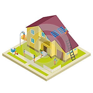 Vector construction, reconstruction and repair rural house isometric concept