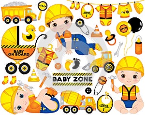 Vector Set with Cute Boys Dressed as Little Builders, Construction Transport and Accessories photo