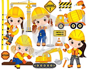 Vector Construction Set with Little Girls, Transport and Various Tools