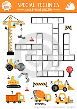 Vector construction site crossword puzzle for kids. Simple quiz with car, truck, excavator, bulldozer, lifting crane, forklift for