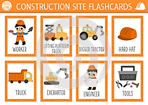 Vector construction site flash cards set with trucks, workers, tools, hard hat. English language game with industrial transport