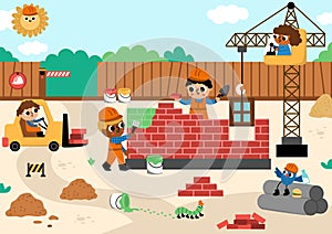 Vector construction site landscape illustration. Scene with kid workers in building a brick house. Horizontal background with