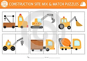 Vector construction site mix and match puzzle with cute industrial vehicles and their parts. Matching building works activity for