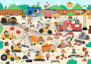 Vector construction site and road work landscape illustration. Building scene with funny kid builders, transport, bulldozer,