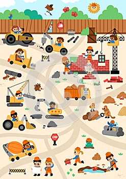 Vector construction site and road work vertical landscape illustration. Building scene with funny kid builders, transport,