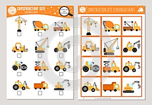 Vector construction site scavenger hunt cards set. Seek and find game with cute cars, trucks for kids. Special transport searching photo