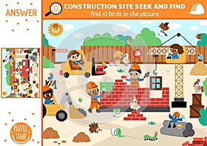 Vector construction site searching game with building works landscape. Spot hidden birds in the picture. Simple seek and find