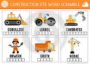 Vector construction site word scramble activity page. English language game cards with cars, trucks for kids. Special transport