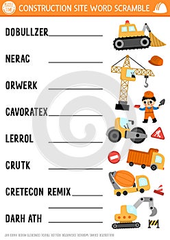 Vector construction site word scramble activity page. English language game with cars, trucks for kids. Special transport family
