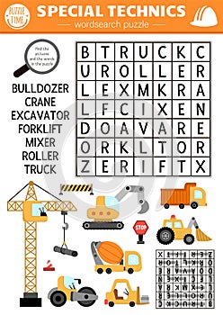 Vector construction site wordsearch puzzle for kids. Simple word search quiz with car, truck, excavator, bulldozer, lifting crane photo