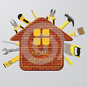 Vector construction tools with brick house. Home repair