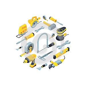 Vector construction tools isometric icons in circle shape illustration