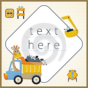 Vector of construction vehicles with cute giraffe on truck