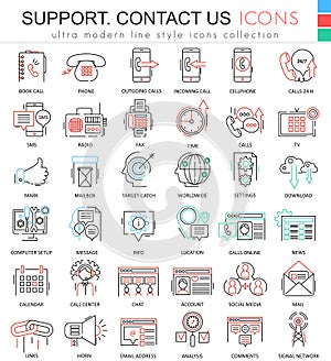 Vector contact us support modern color flat line outline icons for apps and web design.