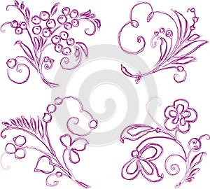 Vector contour doodle drawings of floral design elements from decorative twigs with berries, tendrils,leaves and flowers