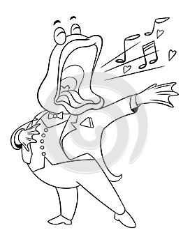 Vector contour drawing for coloring. Cartoon frog sings opera. Toad singer in a spectacular pose perfectly performs on the opera photo