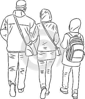 Vector contour drawing of family townspeople  walking outdoors