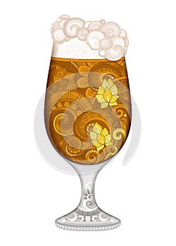 Vector Contour Glass of Beer with Decorative Doodle Pattern