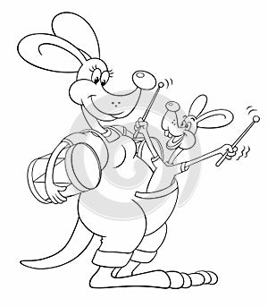 Vector contour image of cartoon kangaroo isolated on white. Kangaroo musician with his cub. Kangaroo with a cub playing the drum