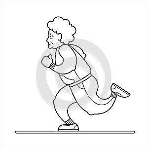 Vector contour Image Of A Running Old Woman. The Old Woman In A Tracksuit, Sneakers. Elderly Woman, Senile People Concept, Logo.