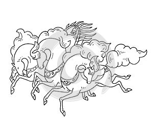 Vector contour line three Russian horses in russian style. Troika galloping horses in black outline on white background.