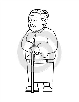 Vector contour old woman with a cane. Good old grandmother. Retiree, babushka. Elderly woman, senile people concept. For coloring