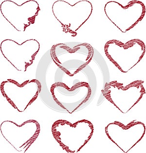 Vector contour scribble drawings of set decorative abstract red heart shapes