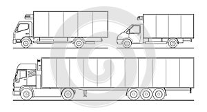 Vector contour set of different refrigerated trucks, refrigerator semi-trailer. White blank template truck for advertising, for