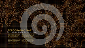 Vector contour topographic map. Orange lines on black background