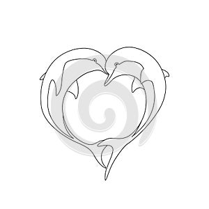 Vector contour of two dolphin couple in love with shape heart