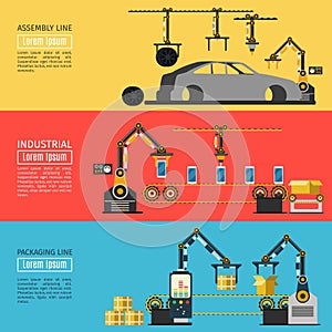 Vector conveyor horizontal banners. Industrial automation robotic hands for manufacture