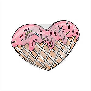 Vector cookie in heart shape with pink icing and bright sprinkles.