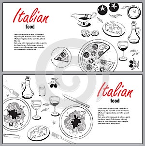 Vector cooking banner template with hand drawn objects on italian food theme: pizza, pasta, tomato, olive oil, olives, cheese, le