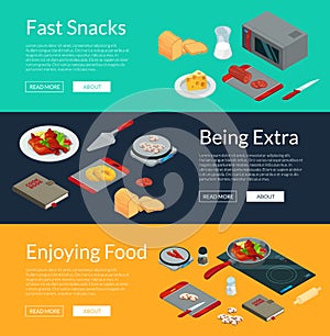Vector cooking food isometric banners illustration. 3D meal