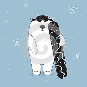 Vector cool and cute bear on snowboard illustration. Hand drawn animal cartoon banner. Baby winter holidays greeting