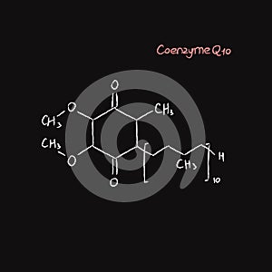Vector CoQ10 Coenzyme Q10 Chemical Molecular Skeletal Formula, Chalk Drawn.