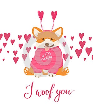 Vector corgi says I woof you for Valentine day.