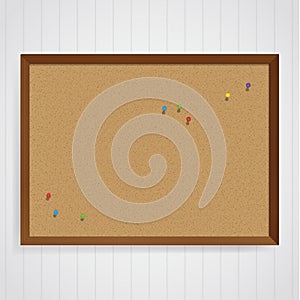 Vector corkboard template with colorfully pins on it. Message bo